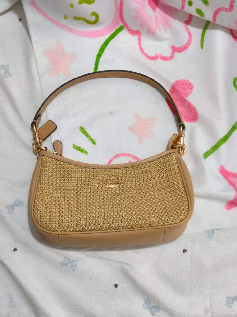 Coach Beige Straw Leather Trim Hobo Shoulder Bag Mini Handbag
